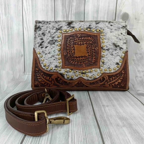 Western Hair-on Leather Purse – Tooled Cowhide Tote, Crossbody Shoulder Bag - Picture 5 of 12